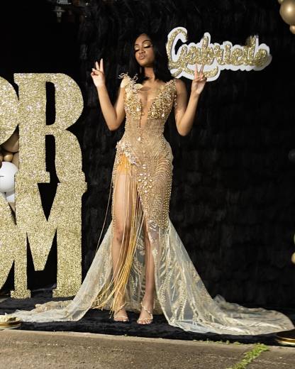 Golden Goddess - Luxury Beaded Mermaid Prom Dress with 3D Florals & Fringe