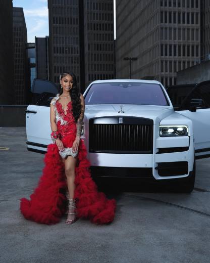 Scarlet Empress Red Sequin Gown – 3D Silver Lace & Tiered Ruffle Train