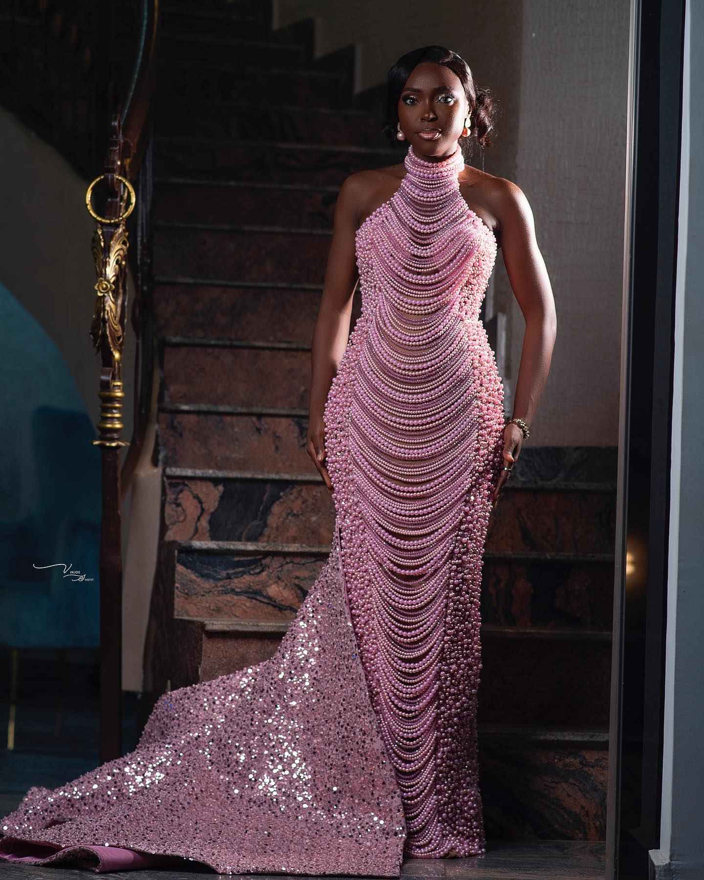 The Pink Pearl - 2026 Pearl Beaded Mermaid Gown: High Halter Neckline with Cascading Pearl Fringe Draping & Asymmetric Beadwork