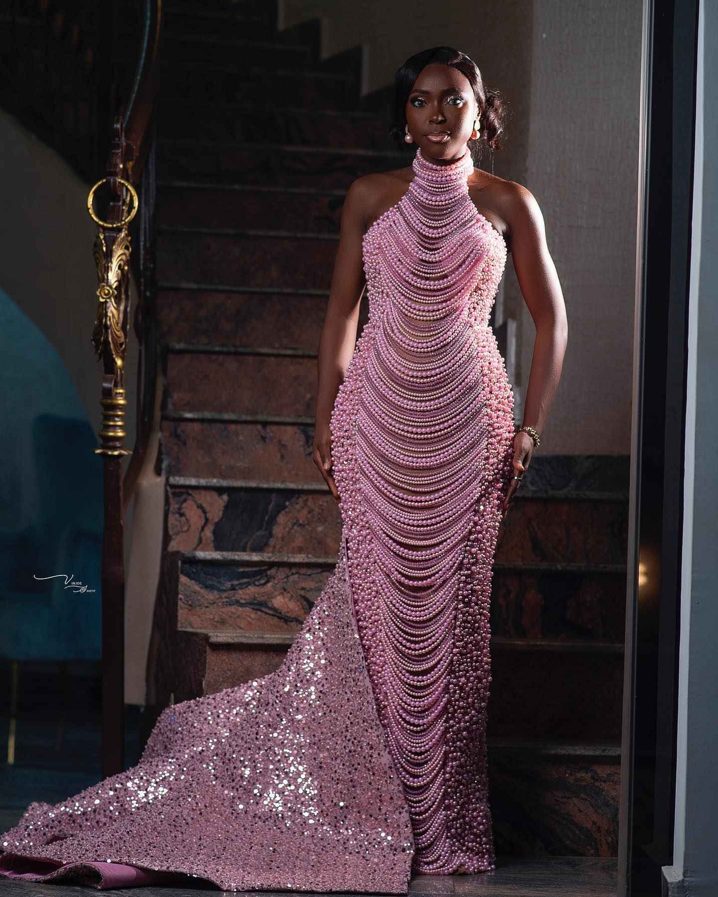 The Pink Pearl - 2026 Pearl Beaded Mermaid Gown: High Halter Neckline with Cascading Pearl Fringe Draping & Asymmetric Beadwork