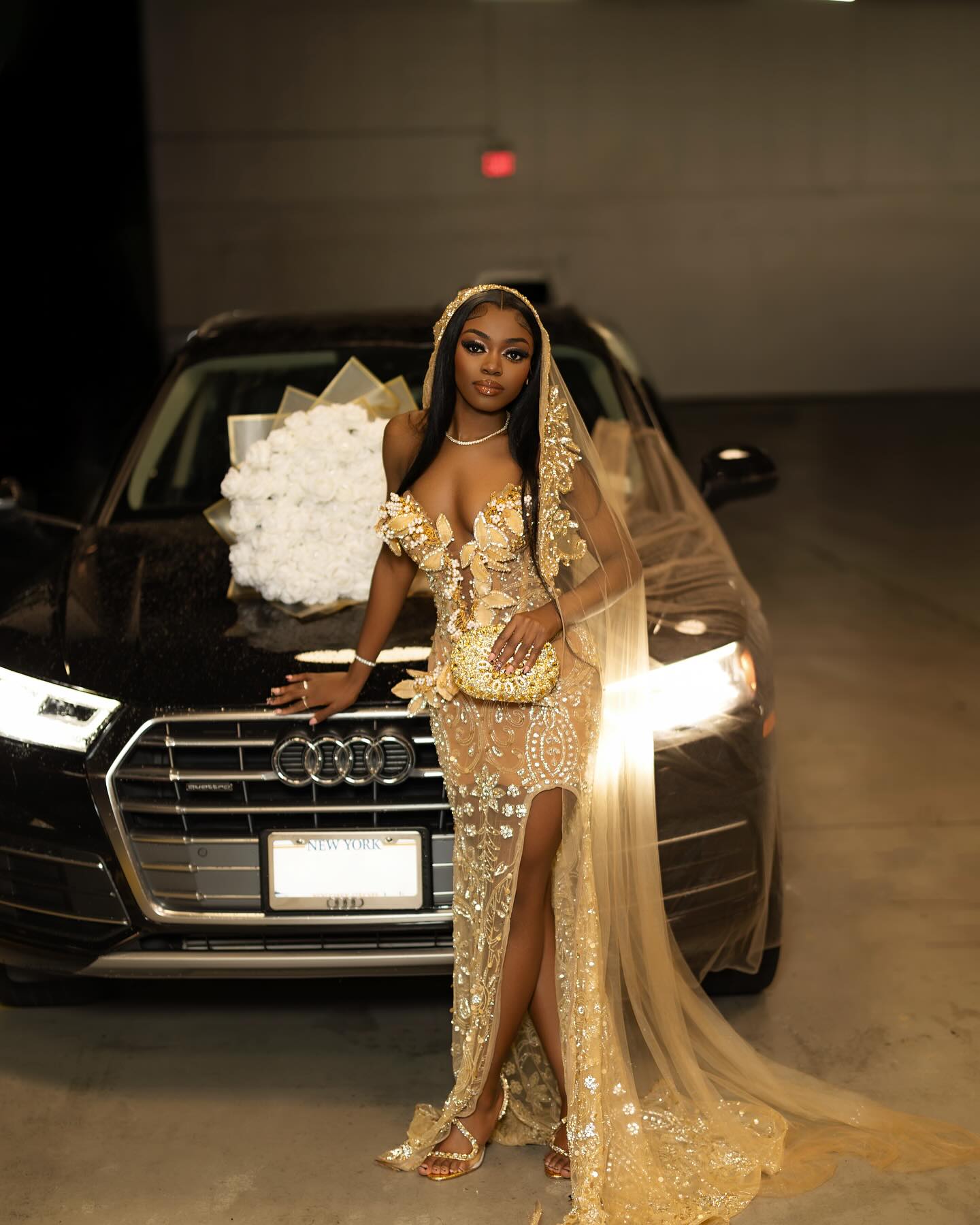 Luxury Champagne Gold Hooded Prom Dress – 3D Floral Appliqué Mermaid Gown with Cathedral Veil & High Slit | 2026 Couture Gala Collection