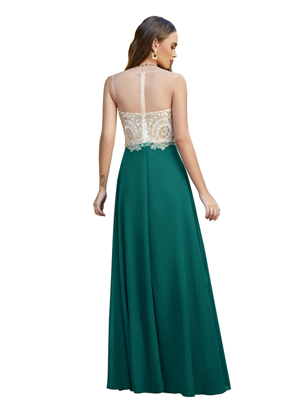 A-line Scoop Chiffon Appliques Floor-Length Dresses Dark Navy-BMbridal