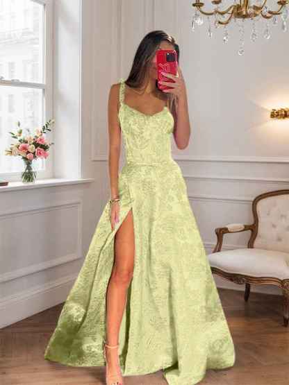 Hot Pink A Line Floral Long Prom Dress with High Slit