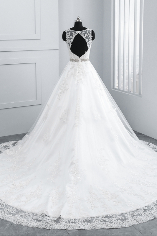 BMbridal Simple Jewel Tulle Lace Wedding Dress A-Line Appliques Beadings Bridal Gowns with Sash Online-BMbridal