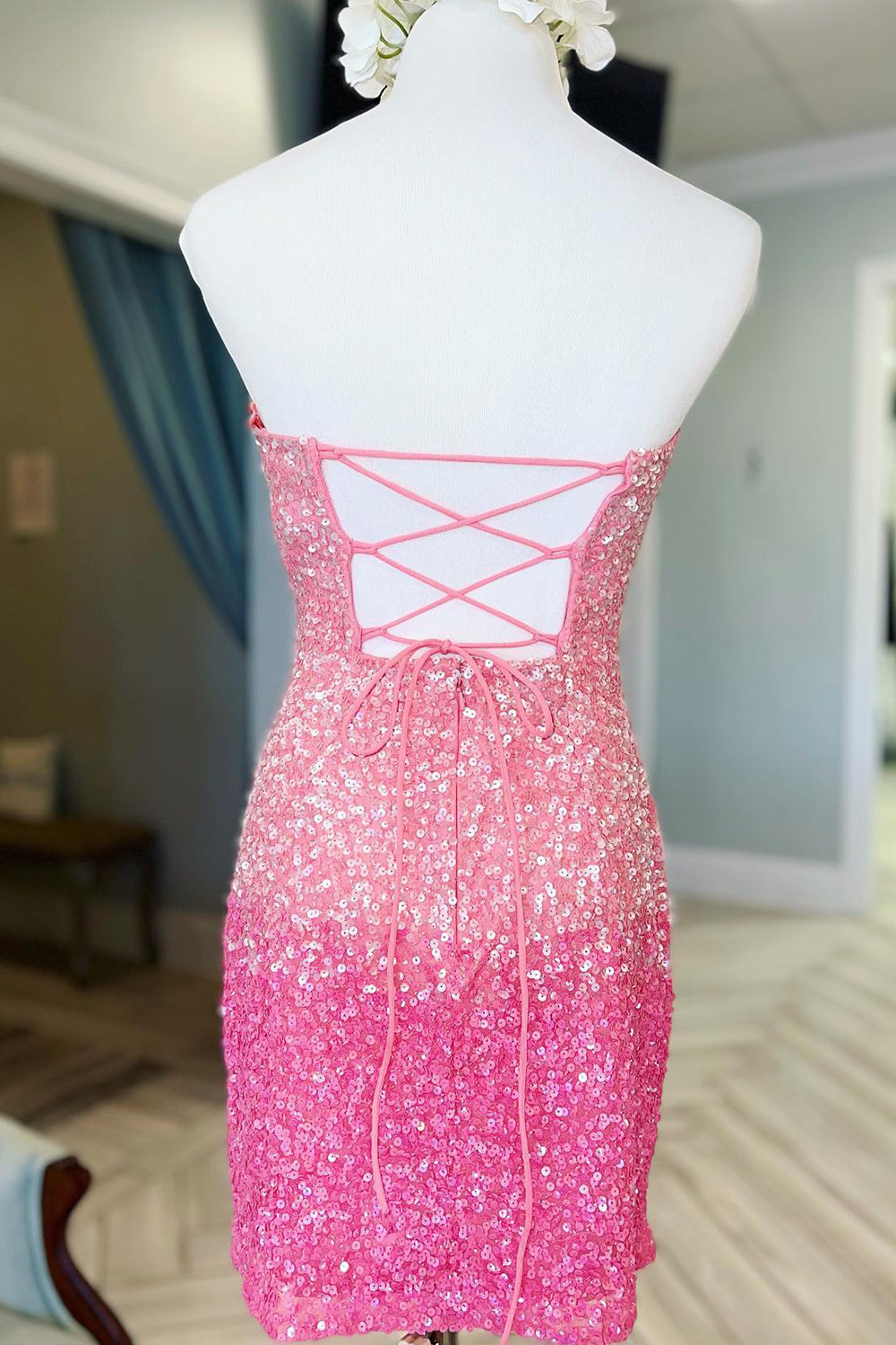 Sparkly Pink Ombre Sequin Tight Short Homecoming Dress-BMbridal