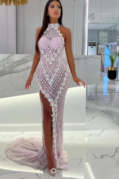 Bmbridal High Neck Sleeveless Evening Dress Mermaid Crystal With Split