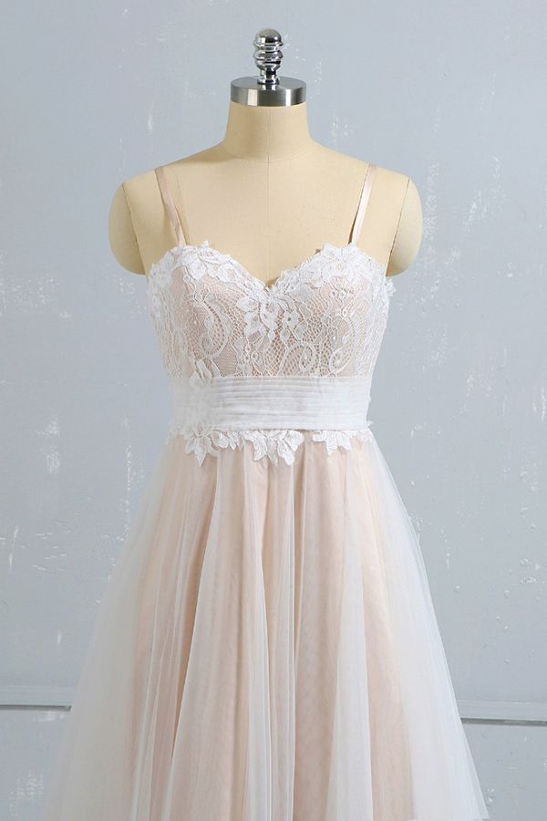 BMbridal Stylish Spaghetti Straps Sleeveless Lace Wedding Dresses Champgne A-line Ruffles Bridal Gowns On Sale-BMbridal