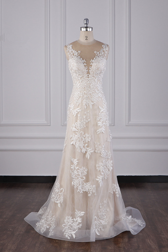 BMbridal Elegant Jewel Tulle Lace Wedding Dress Appliques Sleeveless Mermaid Bridal Gowns Online-BMbridal