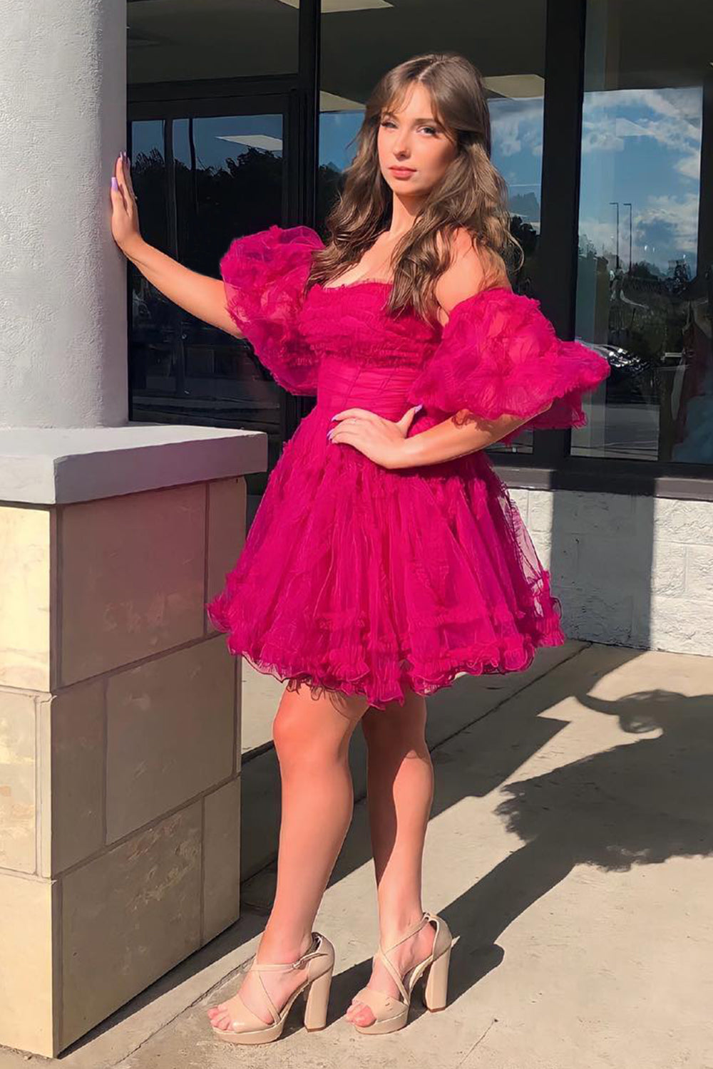 Fuchsia Corset Puff Sleeves A-Line Short Tulle Homecoming Dress with Ruffles-BMbridal