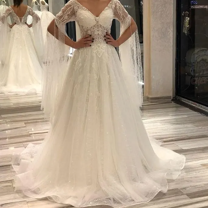 Gorgeous Short Sleeves Backless Floor-Length A-Line Deep V-Neck Wedding Dress with Appliques Lace Pearl
