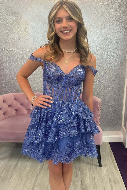 Sparkly Red Corset Tiered Lace A-Line Short Homecoming Prom Dress