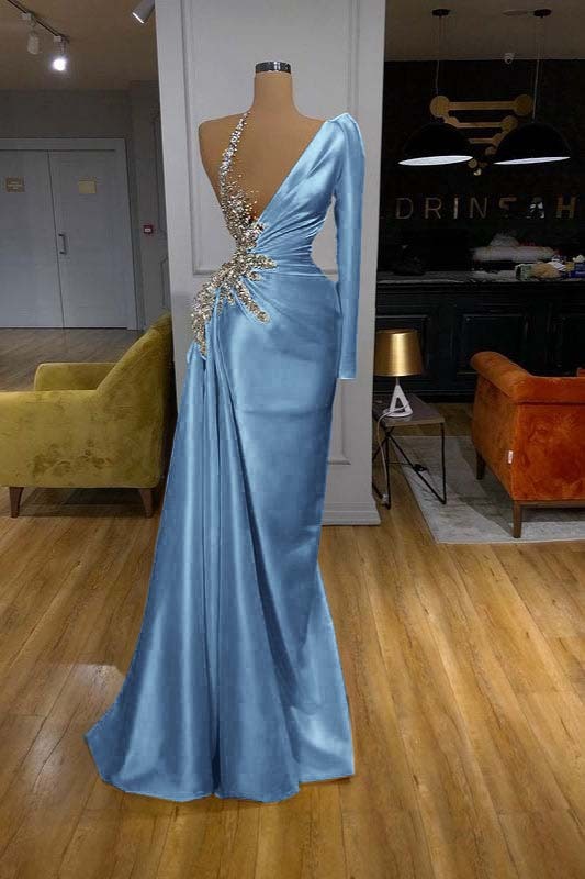 Charming Mermaid Yellow long Sleeves Pleated Long Prom Dress With Beadings