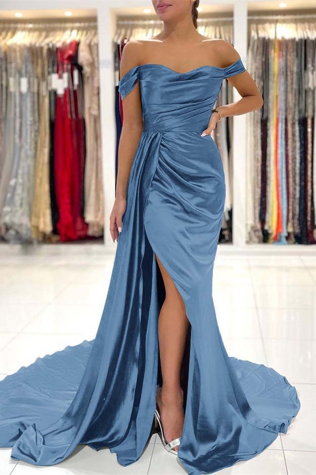 Mermaid Dark Green Pleated Off the Shoulder Long Prom Dress Split With Ruffles