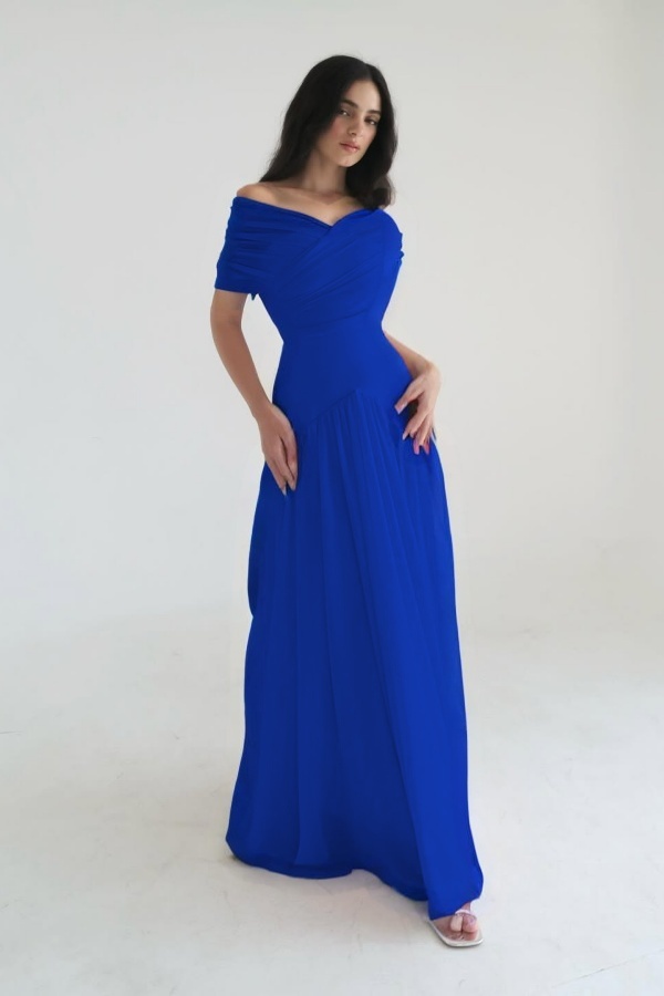 Chiffon Off the Shoulder Sleeveless Long Prom Dress With Pleated