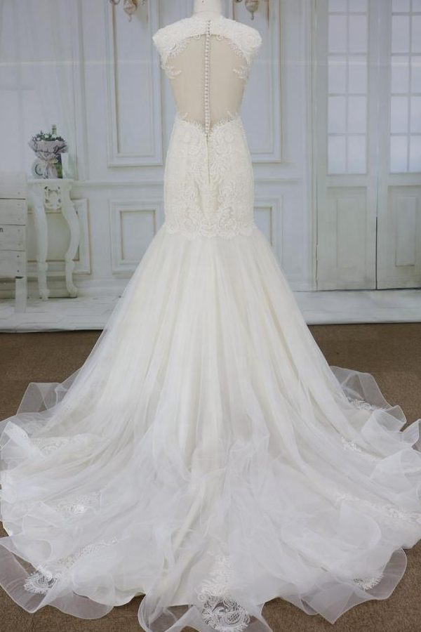 BMbridal Elegant Mermaid Appliques Straps Wedding Dresses Sleeveless Champagne Tulle Bridal Gowns On Sale-BMbridal