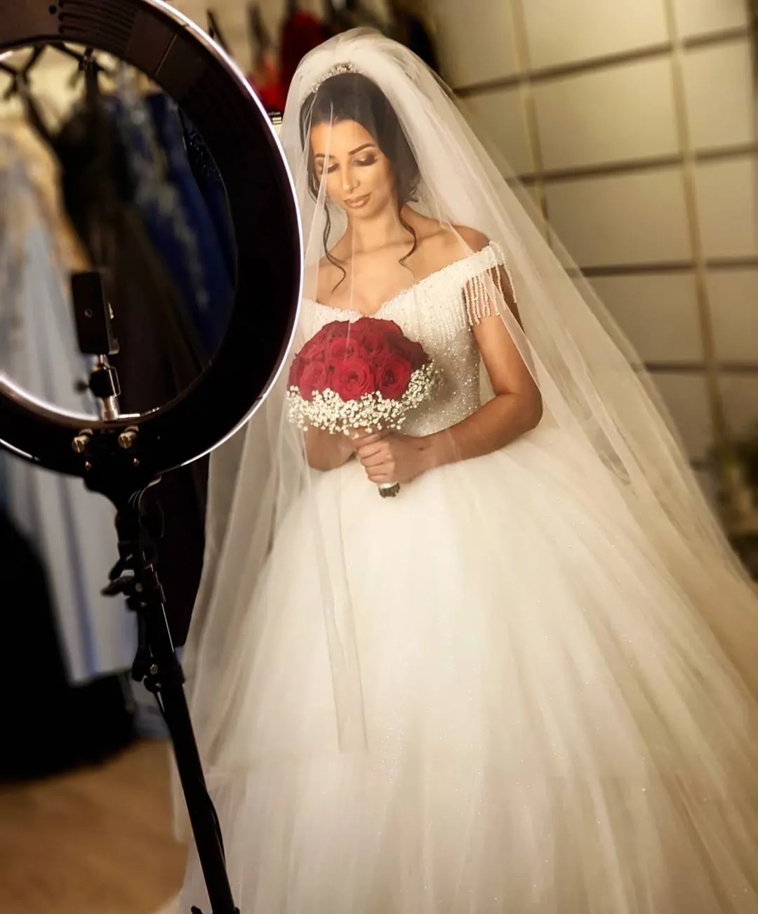 Stunning Off-the-Shoulder Beading Backless Floor-Length Wedding Dress with Tassel Tulle