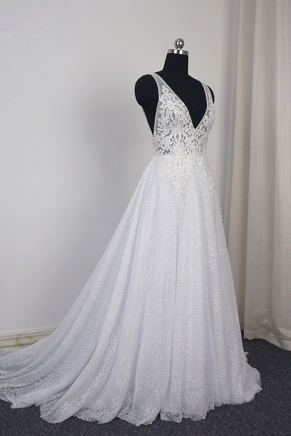 BMbridal Chic Tulle Lace Ruffles White Wedding Dress Sleeveless V-Neck Appliques Bridal Gowns On Sale-BMbridal