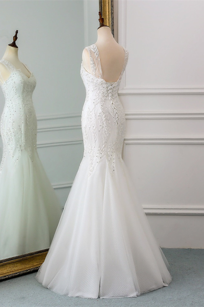 BMbridal Affordable V-Neck Appliques Mermaid Wedding Dresses with Beadings Online