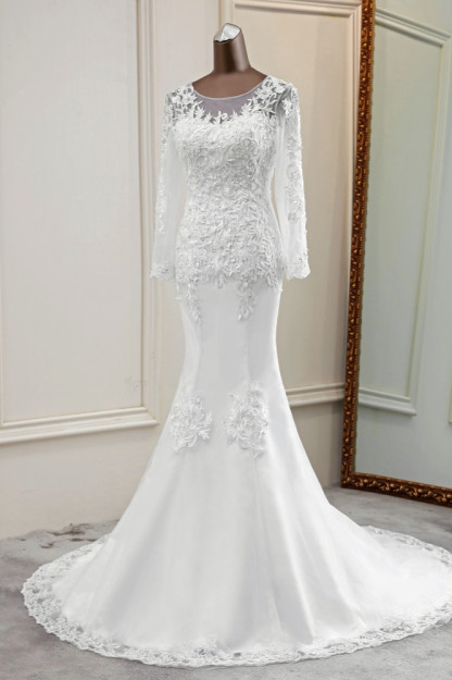 BMbridal Elegant Jewel Lace Mermaid White Wedding Dresses Long Sleeves Appliques Bridal Gowns