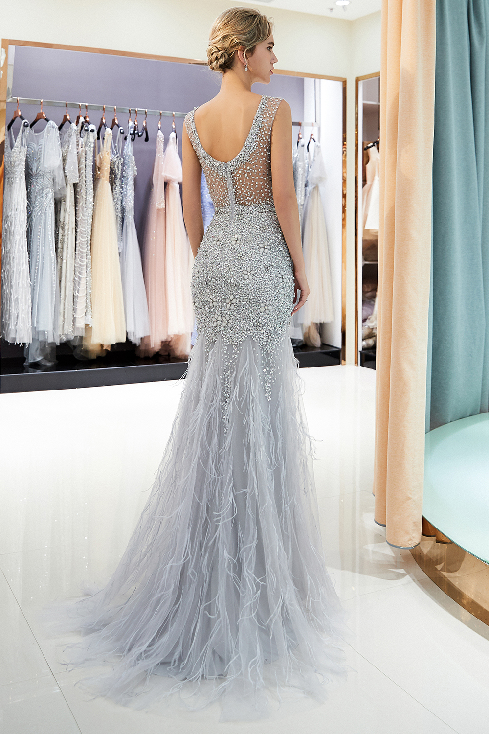 BMbridal Chic Mermaid Sleeveless Prom Dresses Illusion Neckline Crystal Sqeuined Tulle Evening Dresses-BMbridal