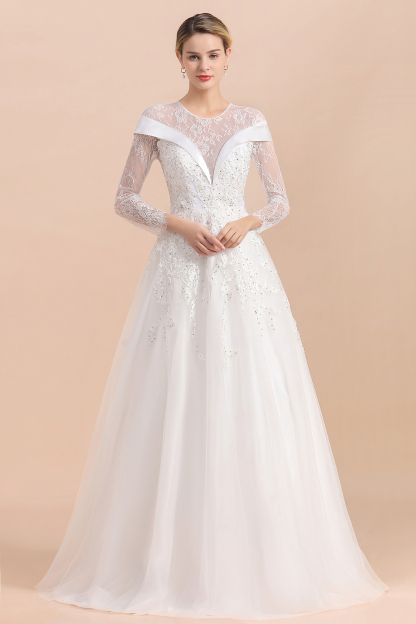 BMbridal Gorgeous Long Sleeve Lace Wedding Dress Online Appliques Bridal Gowns With Beadings