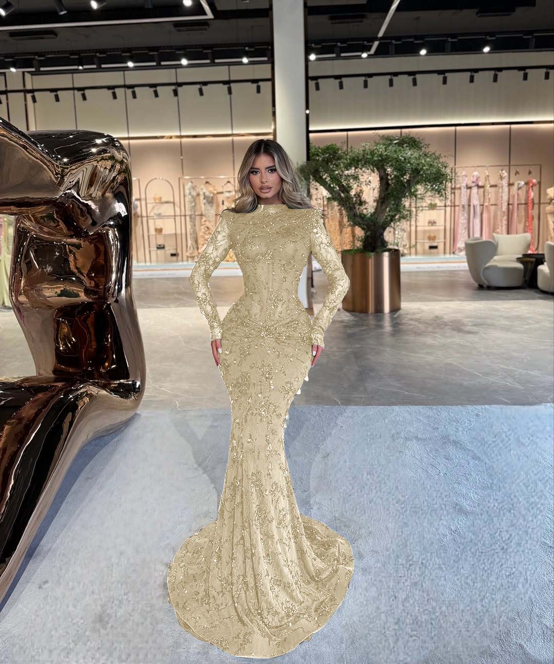 High Neck Long Sleeves Long Mermaid Prom Dress With Beading Pleated