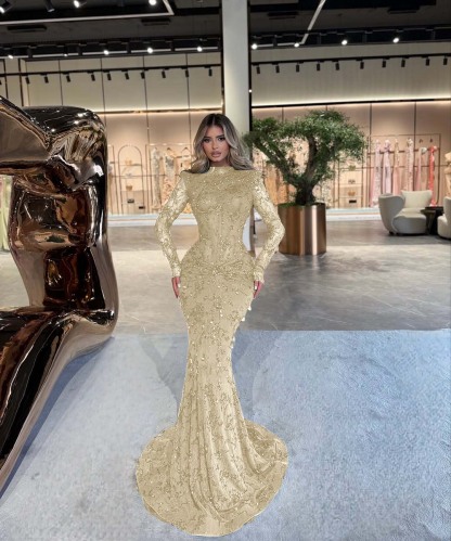 High Neck Long Sleeves Long Mermaid Prom Dress With Beading Pleated