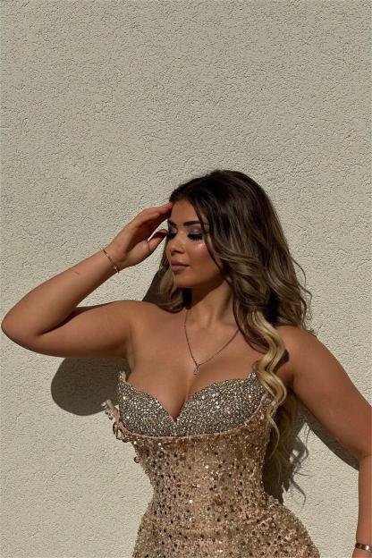 Chic Sequins Strapless Sleeveless High Waist Long Prom Dress With Beadings