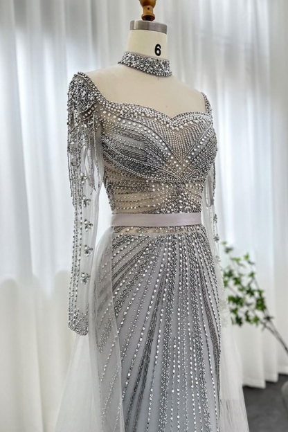 Bmbridal Silver Square A-Line Floor-Length Long Sleeves Prom Dresses with Beadings