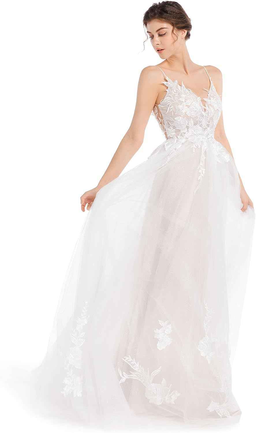 Women's Wedding Dresses Appliques Boho Beach Sexy Spaghetti Straps Lace Bridal Gowns Open Back bmbridal