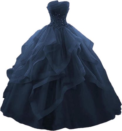 Prom Dress Long Ruffles Ball Gown Quinceanera Dresses Strapless Lace Tulle Beaded Princess Evening Dress bmbridal