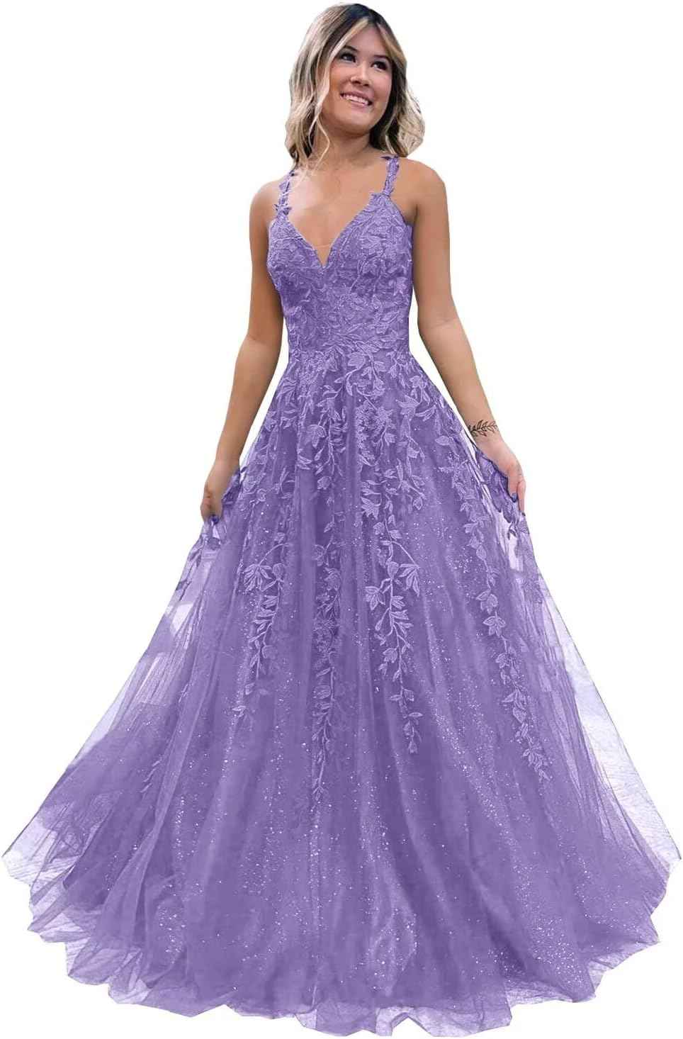 Tulle Lace Appliques Sparkly Prom Dresses A Line with Slit V Neck Formal Party Dress-BMbridal