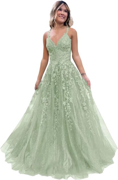 Tulle Lace Appliques Sparkly Prom Dresses A Line with Slit V Neck Formal Party Dress bmbridal