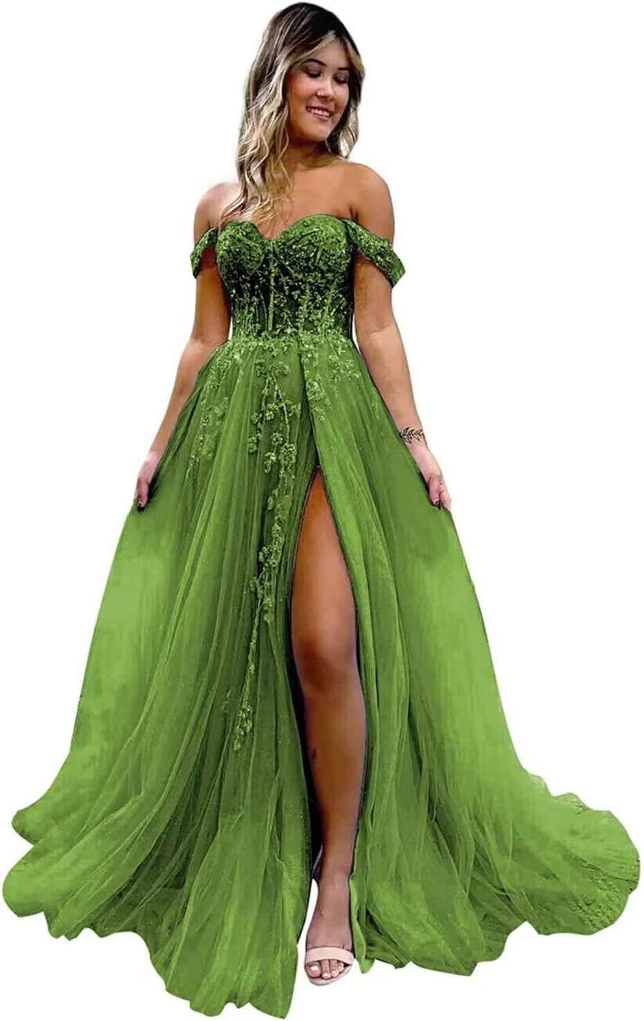 Off The Shoulder Tulle Prom Dresses with Slit Laces Applique Sweetheart Long Formal Evening Party Gowns-BMbridal
