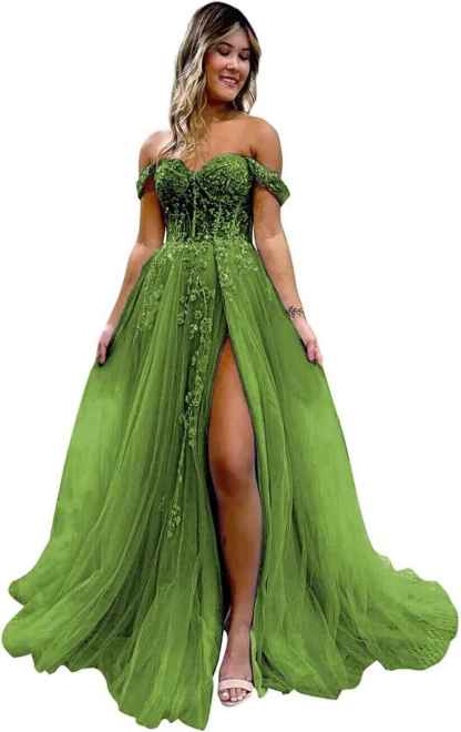 Off The Shoulder Tulle Prom Dresses with Slit Laces Applique Sweetheart Long Formal Evening Party Gowns bmbridal