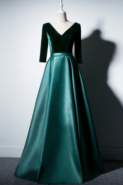 BMbridal Elegant V-Neck Satin A-Line Prom Dresses Long Sleeves Party Dresses On Sale