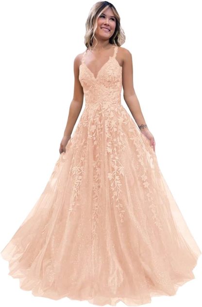 Tulle Lace Appliques Sparkly Prom Dresses A Line with Slit V Neck Formal Party Dress bmbridal