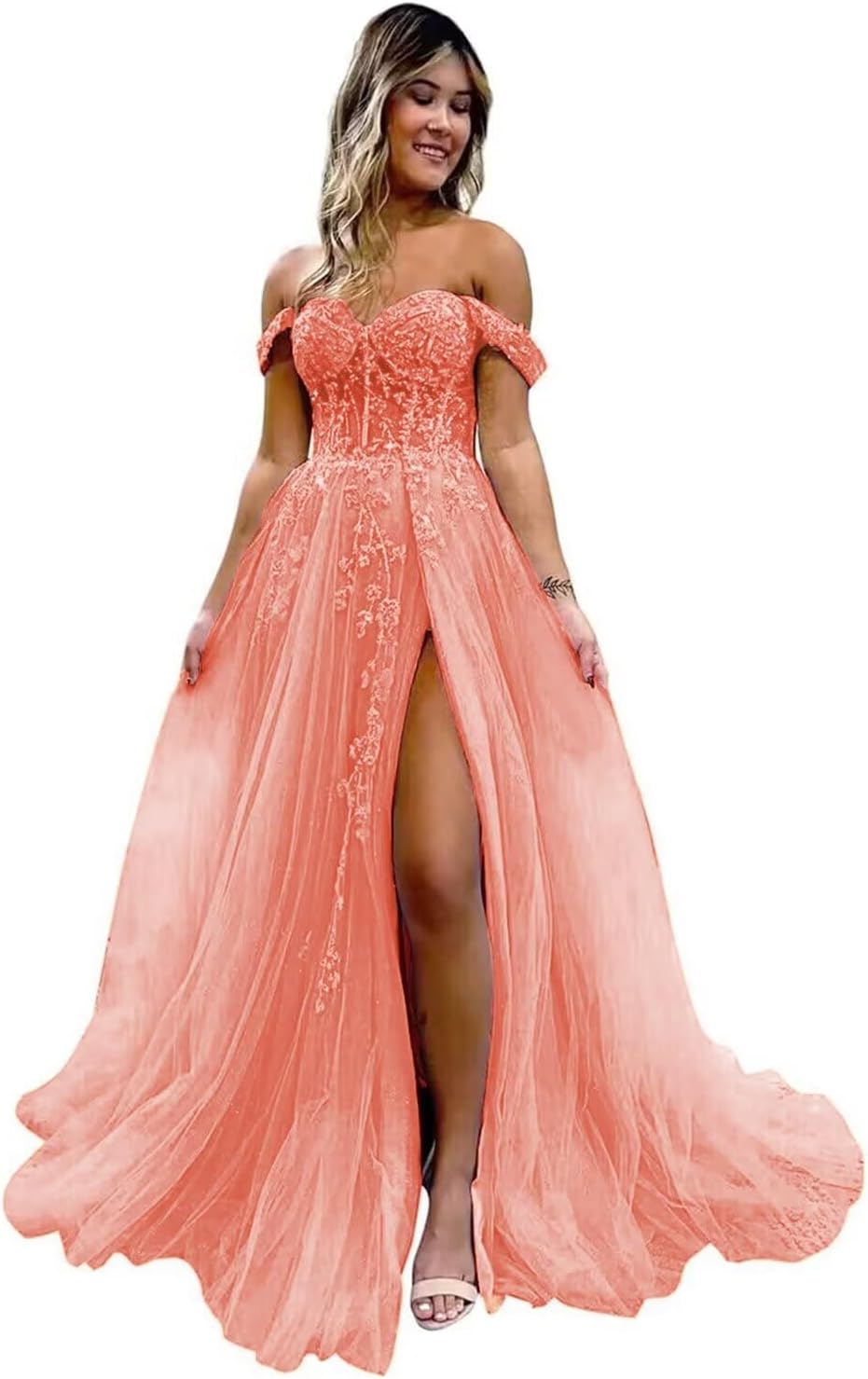Off The Shoulder Tulle Prom Dresses with Slit Laces Applique Sweetheart Long Formal Evening Party Gowns bmbridal