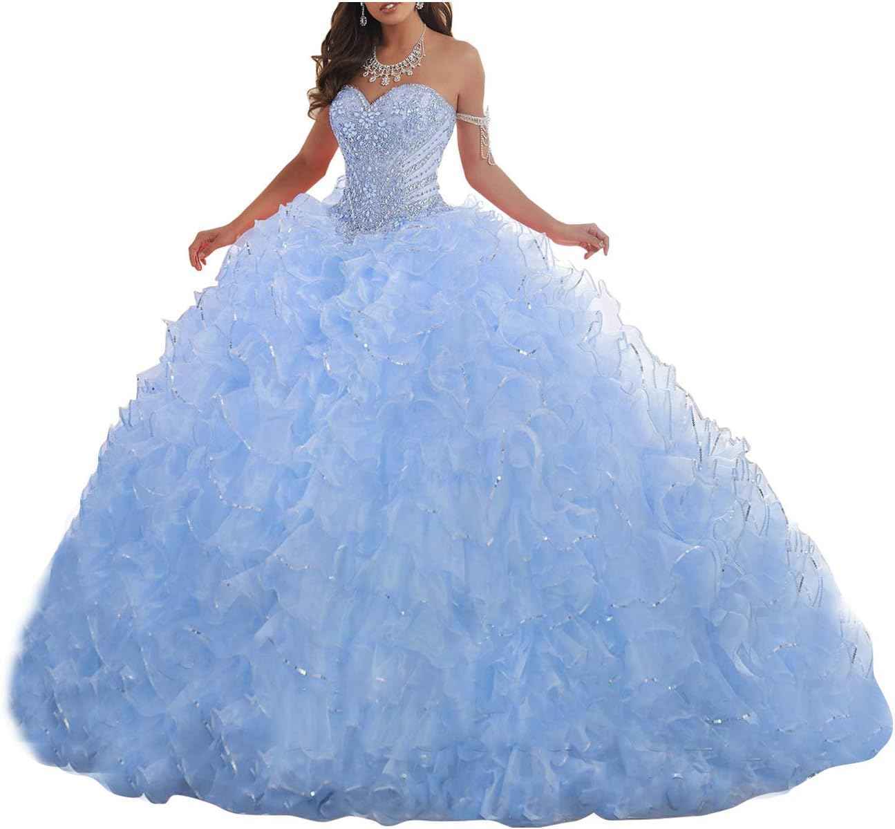 Women's Organza Ruffles Quinceanera Beaded Sweetheart Prom Ball Gown bmbridal
