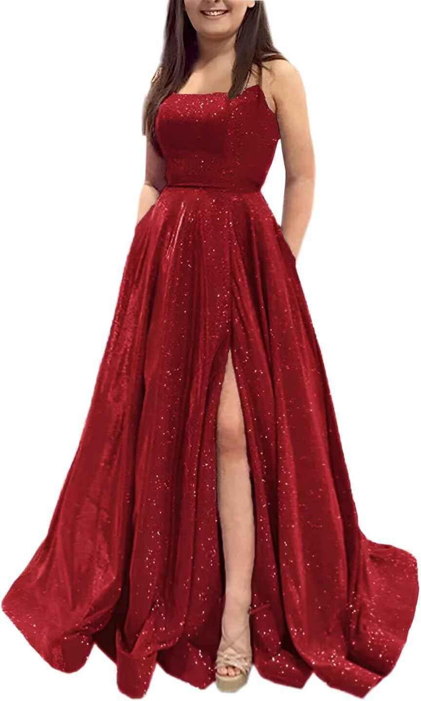 Prom Dresses Long A Line with Pockets Formal Evening Ball Gowns Side Slit Glitter Party Dress bmbridal