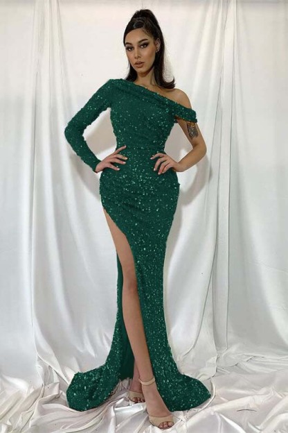 Sequins Mermaid Red One Shoulder Long Sleeve Long Prom Dress With Split