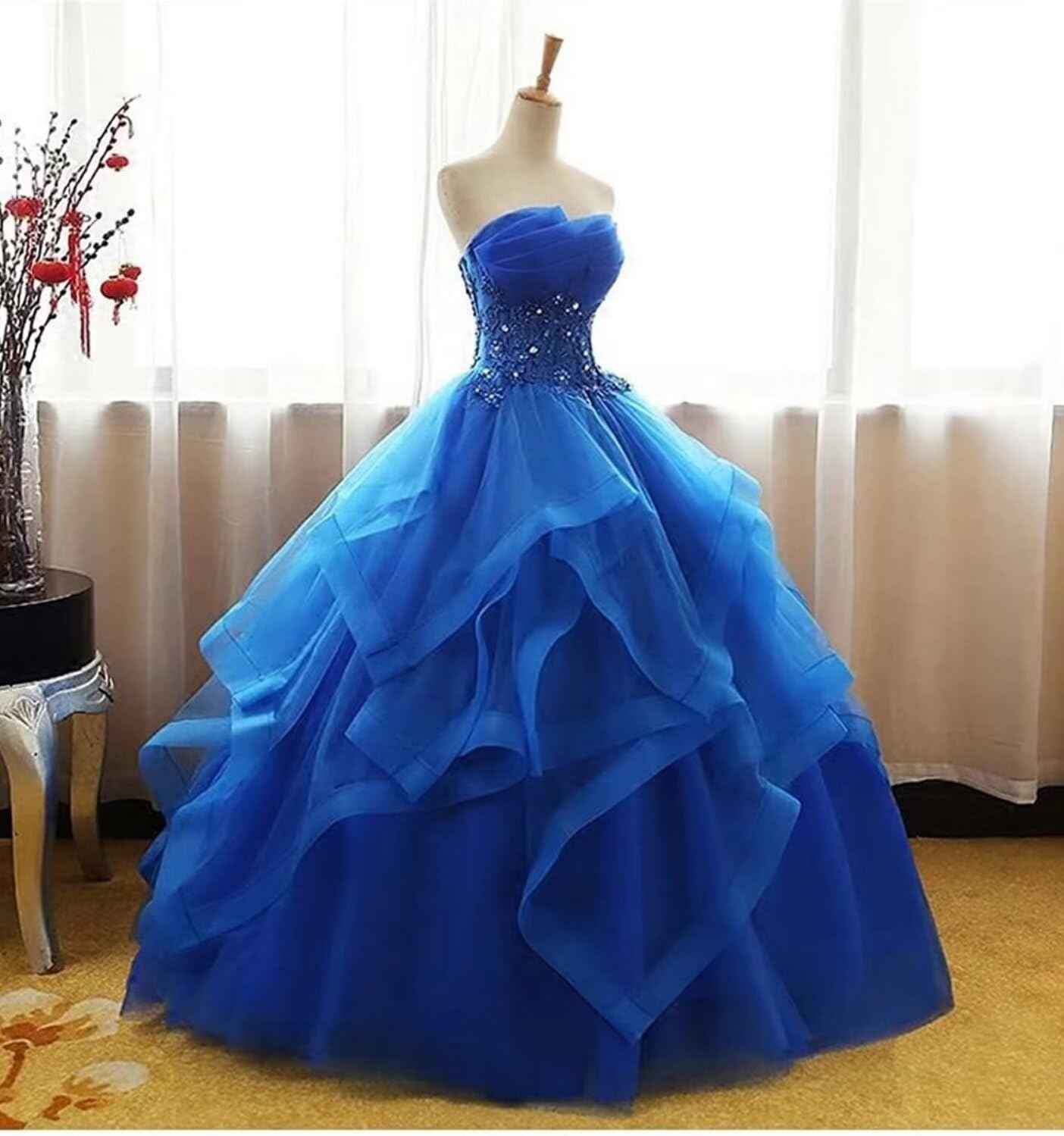 Prom Dress Long Ruffles Ball Gown Quinceanera Dresses Strapless Lace Tulle Beaded Princess Evening Dress bmbridal