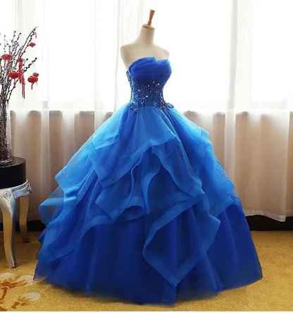 Prom Dress Long Ruffles Ball Gown Quinceanera Dresses Strapless Lace Tulle Beaded Princess Evening Dress bmbridal