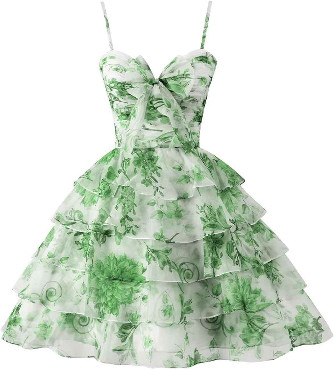 Tiered Ruffles Short Homecoming Dresses with Bow Corset Floral Print Mini Cocktail Party Gown-BMbridal
