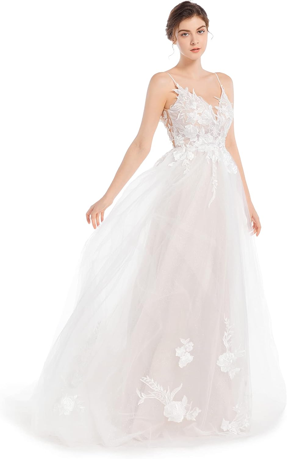 Women's Wedding Dresses Appliques Boho Beach Sexy Spaghetti Straps Lace Bridal Gowns Open Back bmbridal