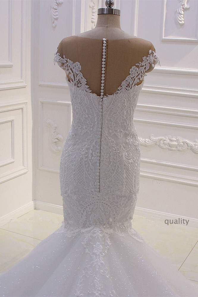 BMbridal Elegant Jewel Tulle Lace Sequined Wedding Dress Mermaid Appliques Sleeveless Bridal Gowns On Sale-BMbridal