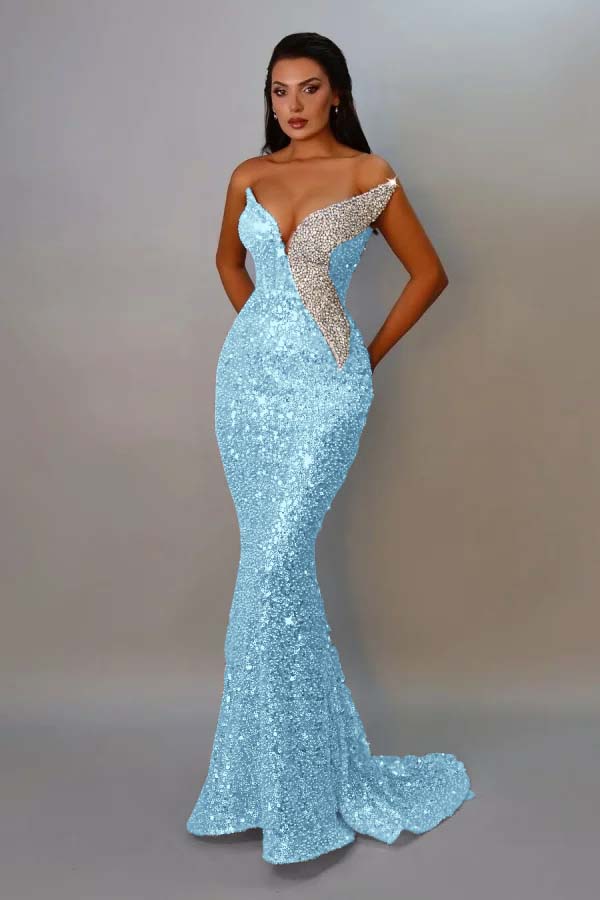 Sequins Strapless Sleeveless Long Mermaid Prom Dress With Pleated