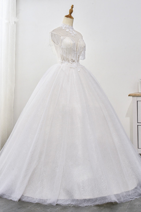 BMbridal Luxury Ball Gown High-Neck Tulle Wedding Dress Sparkly Sequins Sleeveless Appliques Bridal Gowns with Tassels-BMbridal