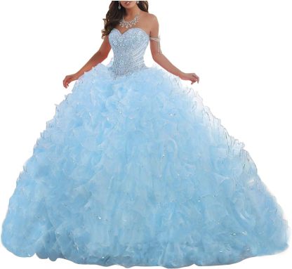 Women's Organza Ruffles Quinceanera Beaded Sweetheart Prom Ball Gown bmbridal