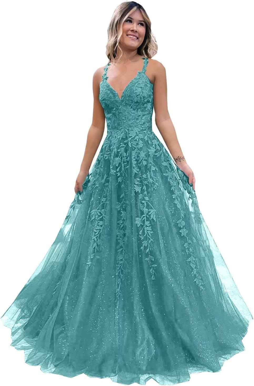 Tulle Lace Appliques Sparkly Prom Dresses A Line with Slit V Neck Formal Party Dress-BMbridal